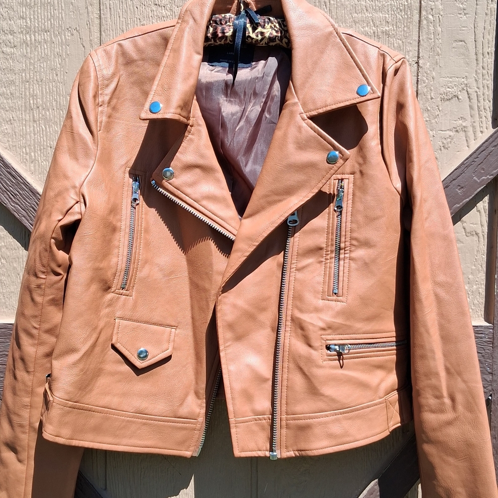 Love Tree Tan Leather Moto Jacket with Silver Hardware